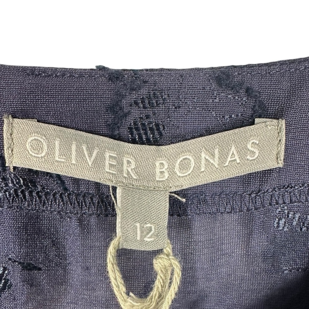 OLIVER BONAS Navy Blue Textured Flowy Blouse with Puff Sleeve Size 12 - Picture 5 of 8